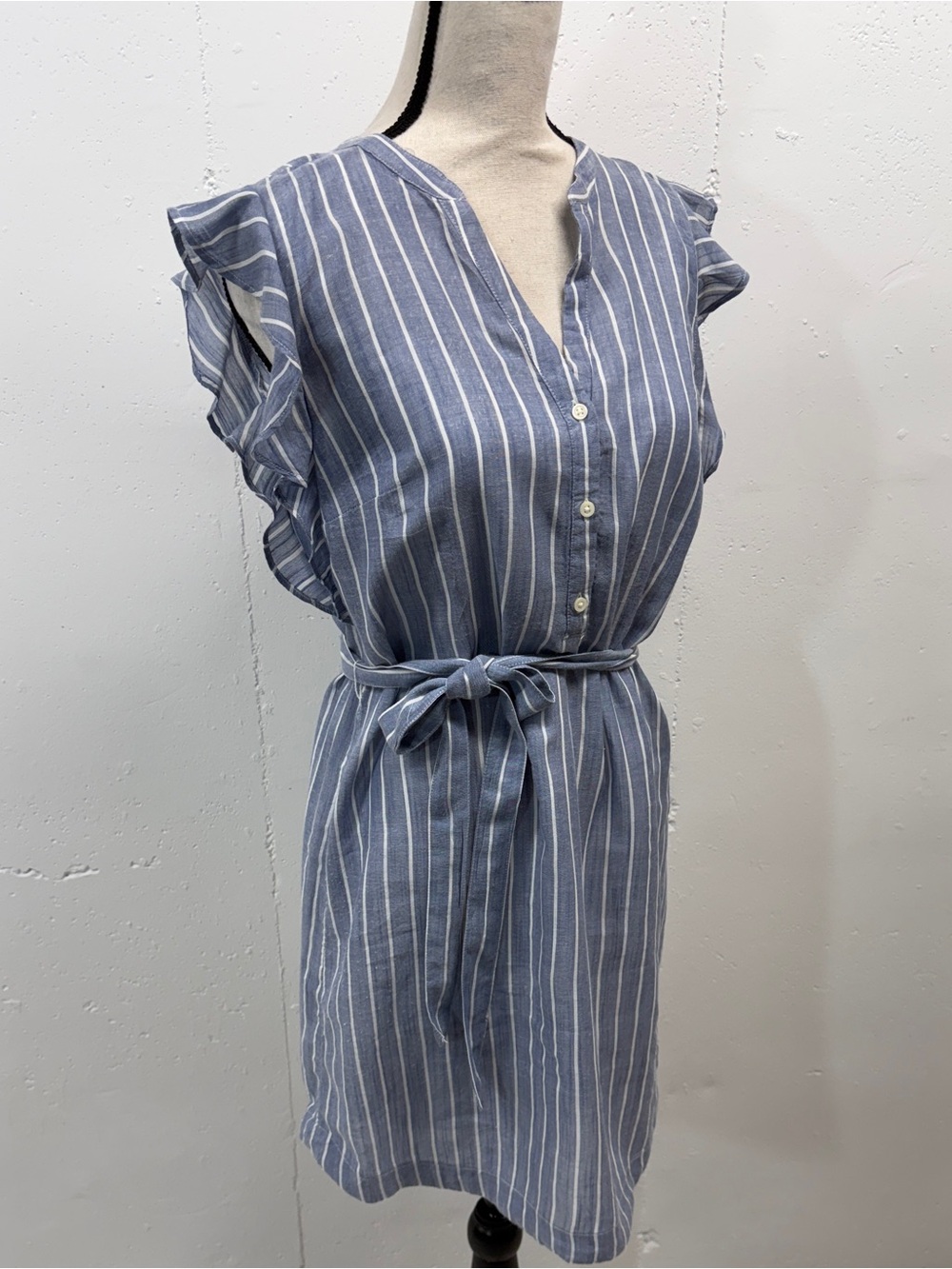 Striped Blue Tie-Waist Ruffled-Sleeve Dress